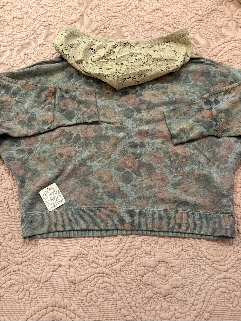 Vintage Free People Cropped Floral Hooded Pullover Sweatshirt in Gray and Pink - Picture 6 of 8